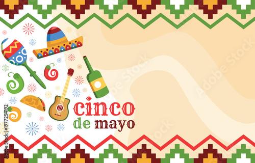 Cinco de mayo festive background with traditional mexican instruments and food
