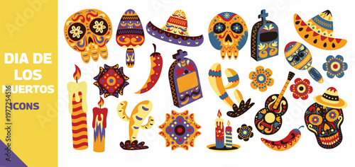 Colorful dia de los muertos icons including skulls candles and musical instruments