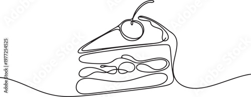 Slice of Cake Continuous Line. Continuous one line drawing pastry cutlet dish with cherry. Dessert concept. one line Icon drawing