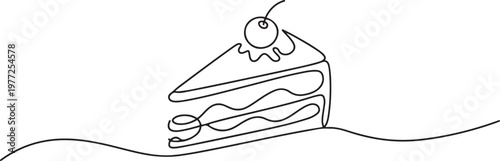 Slice of Cake Continuous Line. Continuous one line drawing pastry cutlet dish with cherry. Dessert concept. one line Icon drawing