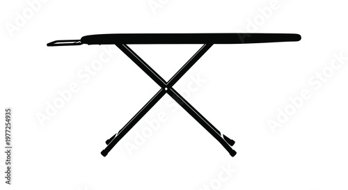 A black ironing board is shown in stark contrast a simple silhouette