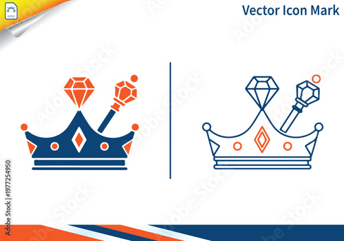 Crown royal scepter diamond flat and line style icon for insignia design.