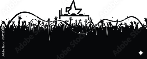 Silhouette of a cheering crowd with raised hands at music festival featuring abstract sound wave equalizer and dj stage icon,