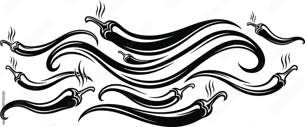 Fototapeta premium Set of hot chili peppers in a wavy composition, vector illustration