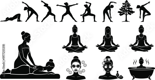 Set of yoga poses, spa treatments, and wellness icons