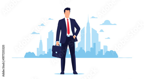 Successful and confident businessman in a formal suit holding a briefcase while standing against a modern city skyline background.