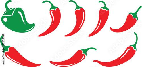 Set of red chili peppers and one green bell pepper icon collection