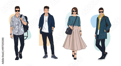 Selection of stylish men and women modeling trendy seasonal fashion outfits including coats, skirts, and casual wear for a boutique.