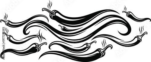 Set of hot chili peppers in a wavy composition, vector illustration