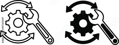 Gear and wrench icon with circular arrows, maintenance and repair concept