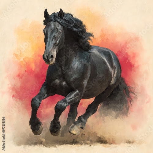 Powerful black horse running in watercolor style illustration