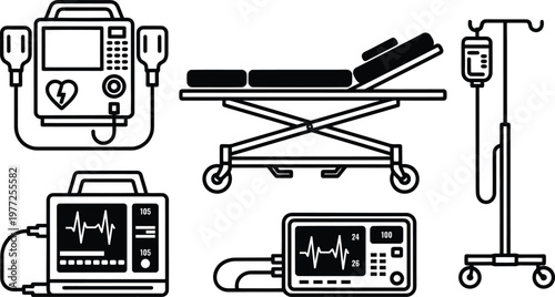 Set of medical equipment icons including defibrillator, gurney and monitor