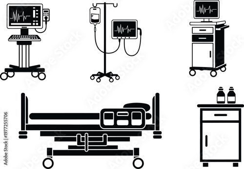 Set of medical equipment icons for hospital room isolated on white background