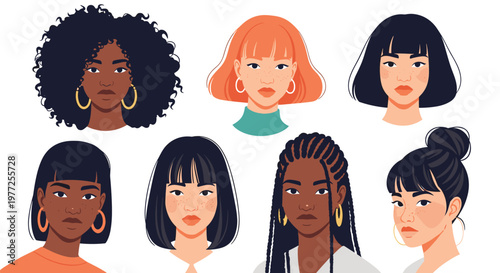 Group of diverse women represent beauty and inclusivity with various hairstyles skin tones and ethnic backgrounds in a simple style.