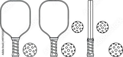 Pickleball paddles and balls set, line art illustration