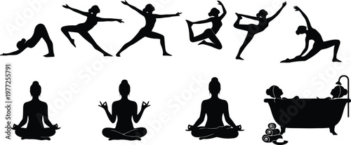 Set of yoga poses and woman relaxing in a bathtub silhouette