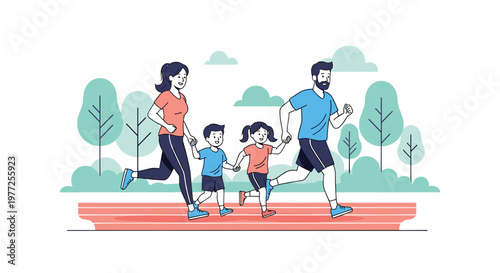 Happy family with parents and children enjoys jogging together along a running track in a lush green park for healthy lifestyle.