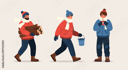 People wearing warm winter clothing perform seasonal tasks like carrying firewood and enjoying hot drinks during cold snowy weather.
