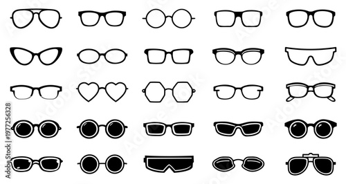 Modern eyeglasses icons collection. Stylish frames vector set. Black eyewear silhouette icons. Diverse optical glass shapes. Trendy sun glasses vectors. Professional frame design elements.