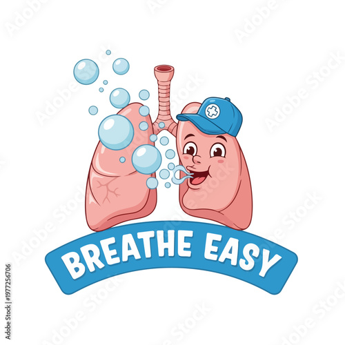 Lungs cartoon with bubbles and nurse cap promoting breathing easy