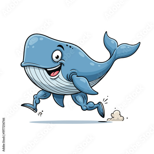 Playful blue whale cartoon running with splash