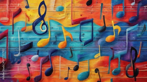 Vibrant Abstract Art Featuring Colorful Musical Notes on a Dynamic Background of Blues and Oranges