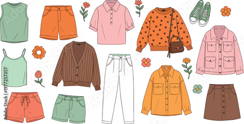 Casual clothing collection with summer outfits including shirts shorts jackets and accessories in flat vector style, modern fashion items isolated on white background