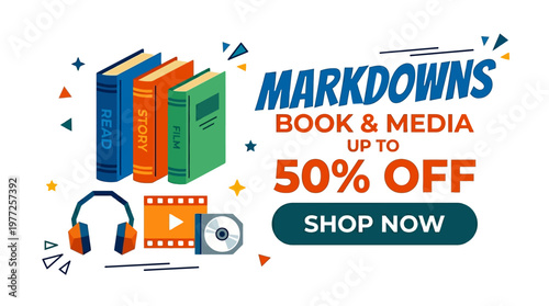 Book Markdowns Banner with Media Icons and 50% Off