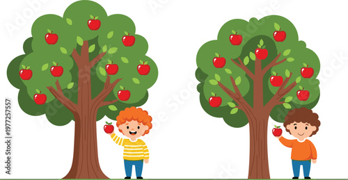 Children picking apples from tree illustration, cute kids harvesting fruit in orchard, autumn farming activity scene, healthy food and nature concept for education and seasonal design