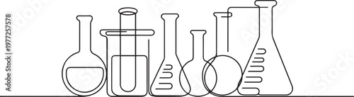 One continuous line of a collection of glass tubes of chemical lab equipment. one line Icon drawing