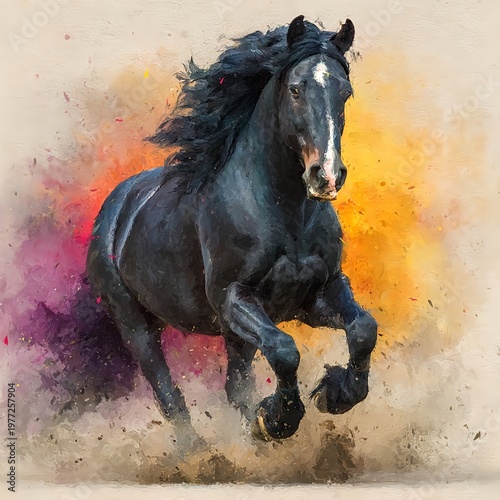 Powerful black horse running in watercolor style illustration