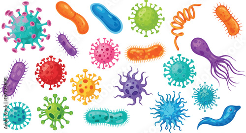 Colorful bacteria and virus microorganisms set, detailed germ shapes and microbes illustration, scientific biology collection for medical, healthcare, education and laboratory themes