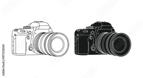 Two digital slr cameras one light and one dark detailed outline silhouette