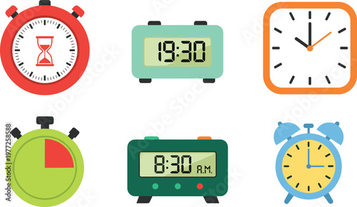 Clock and Timer Illustration Set with Digital Alarm Stopwatch and Wall Clock for Time Management Schedule Planning Design Collection