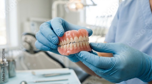 Close up of dental technician hands in blue gloves holding full set of dentures in laboratory, oral rehabilitation and stomatology prosthetics