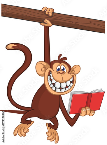 Cartoon funny brown monkey chimpanzee holding red book and reading. Vector illustration isolated on white