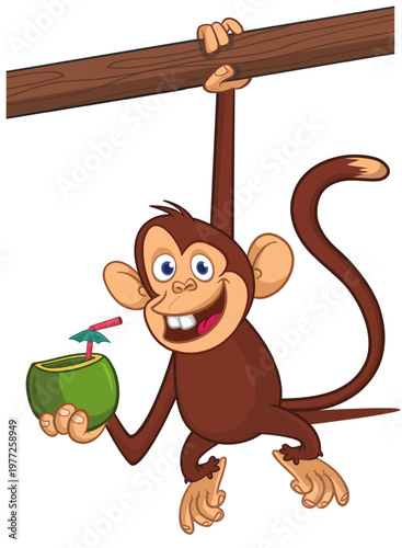 Cartoon funny brown monkey chimpanzee coconut cocktail in his hands. Vector illustration isolated on white