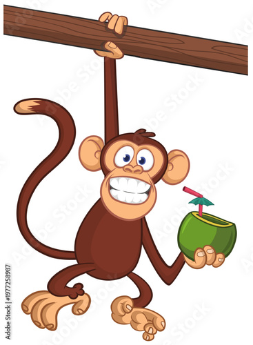 Cartoon funny brown monkey chimpanzee coconut cocktail in his hands. Vector illustration isolated on white