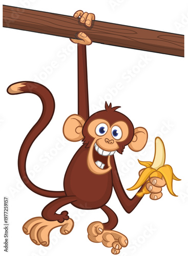 Cartoon funny monkey chimpanzee holding banana in his hands. Vector illustration of happy monkey character design isolated.