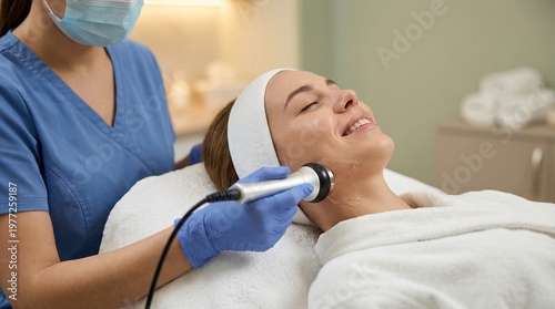 Smiling young woman receiving professional RF lifting facial treatment at luxury spa clinic. Esthetician using radio frequency machine for skin tightening and anti-aging therapy.