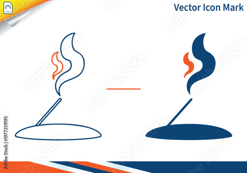 Incense stick with smoke vector icon mark.