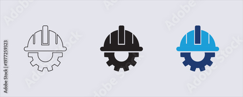 Vector icon, engineering, construction services, a hard hat, a gear mechanism, industrial safety, technical management, or building expertise. Construction service icon. (safety helmet) (cogwheel).