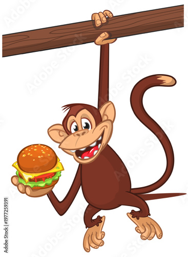 Cartoon funny monkey chimpanzee holding hamburger or cheeseburger in his hands. Vector illustration of happy monkey character design isolated.