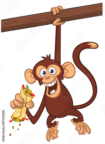 Cartoon funny monkey chimpanzee holding falafel or kebab in his hands. Vector illustration of happy monkey character design isolated.