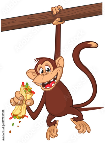 Cartoon funny monkey chimpanzee holding falafel or kebab in his hands. Vector illustration of happy monkey character design isolated.