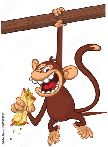 Cartoon funny monkey chimpanzee holding falafel or kebab in his hands. Vector illustration of happy monkey character design isolated.