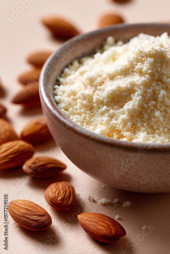 Homemade almond meal in bowl and almonds around on light backdrop.