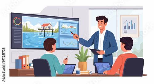 Businessman presenting to colleagues in office meeting room.