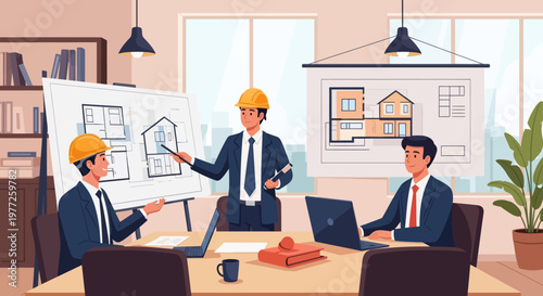 Businessmen Discussing Architecture Plans in Meeting.