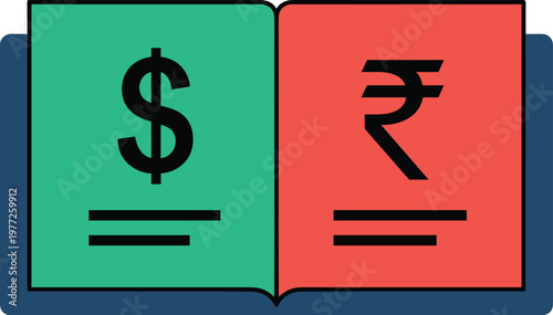 Currency Exchange Concept with Dollar and Rupee Symbols Open Book Style Flat Vector Illustration for Finance, Money Conversion, Banking, and Global Trade Design